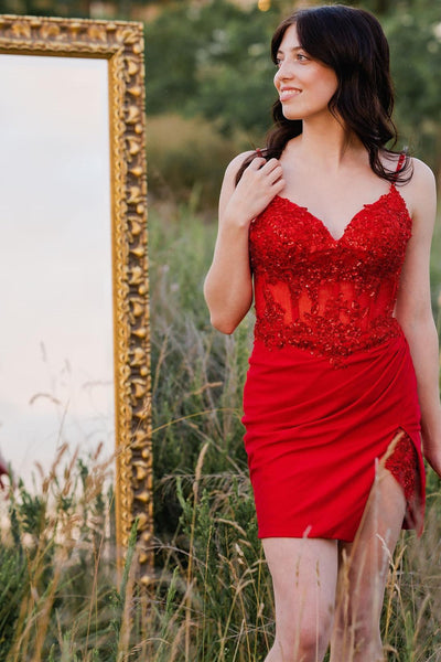 Red Sequin Lace Bustier Short Homecoming Dress with Slit MD090402