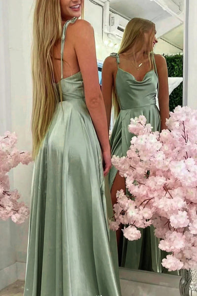A Line Spaghetti Straps Light Green Long Prom Dress with Silt MD092301