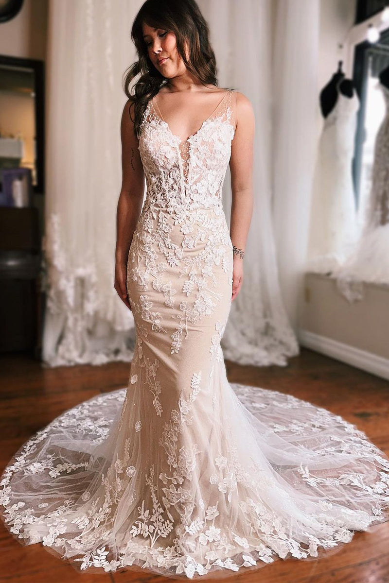 dress to impress elegant Elegant Mermaid V Neck Lace Long Wedding Dresses with Appliques DM090210 –  Dressmeet