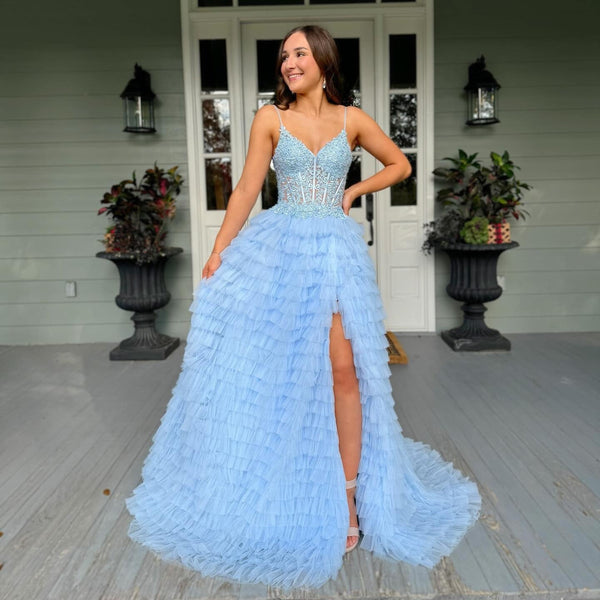 Elegant A-Line V Neck Blue Tulle Appliques Ruffle Tiered Long Prom Dresses Formal Gown with Side Slit DM25101609