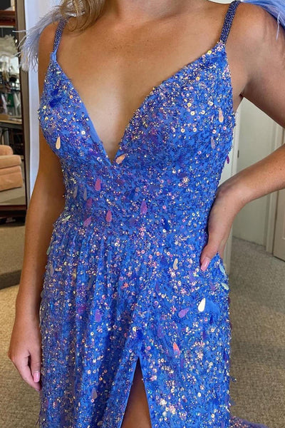 A-Line V Neck Spaghetti Straps Blue Sequins Long Prom Dress with Slit MD4050701