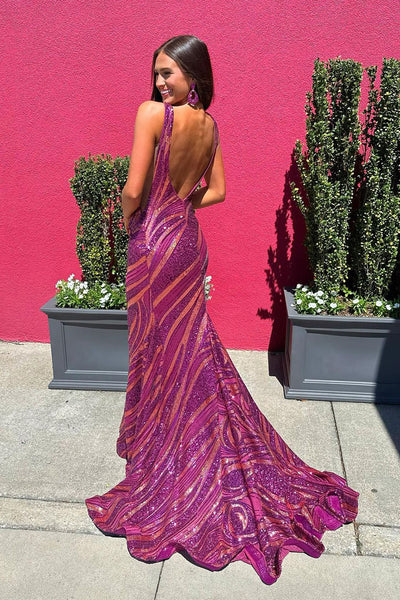 Mermaid V Neck Purple Sequins Long Prom Dress MD4052303