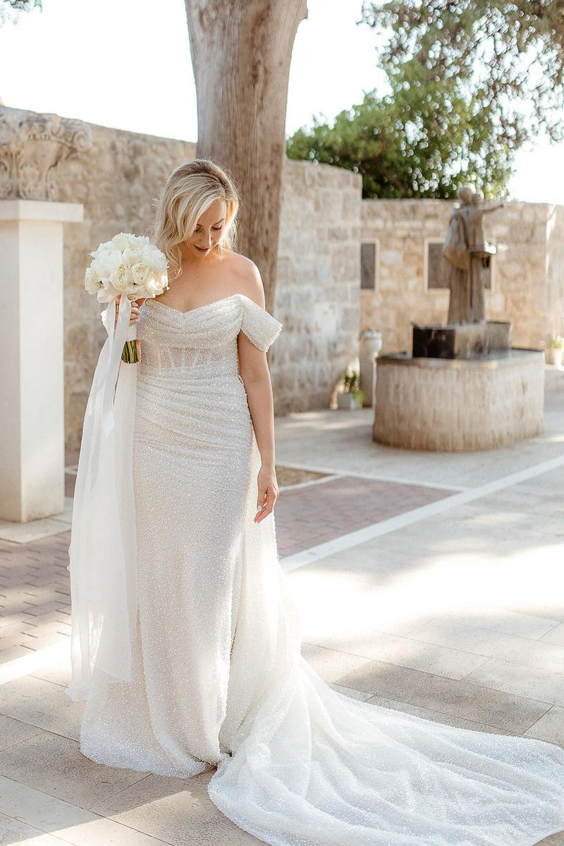 off the shoulder sequin wedding dress Off Shoulder Ivory Sequin Tulle Shiny Wedding Dresses, Sheath Wedding Dresses, Popular Wedding Dresses, Bridal Gown