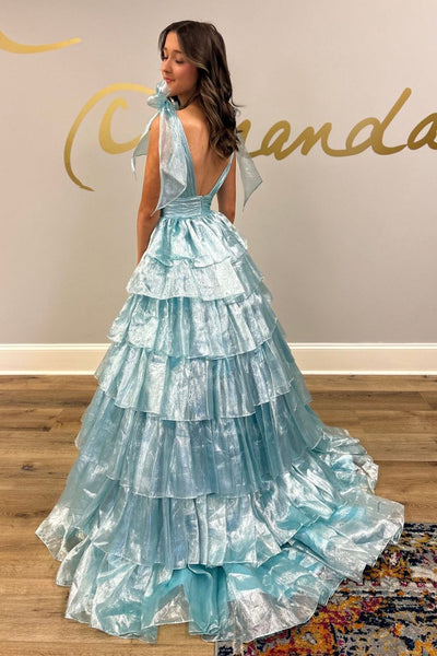 Blue V Neck Ruffle Tiered Organza Prom Dress with Bow MD4050803
