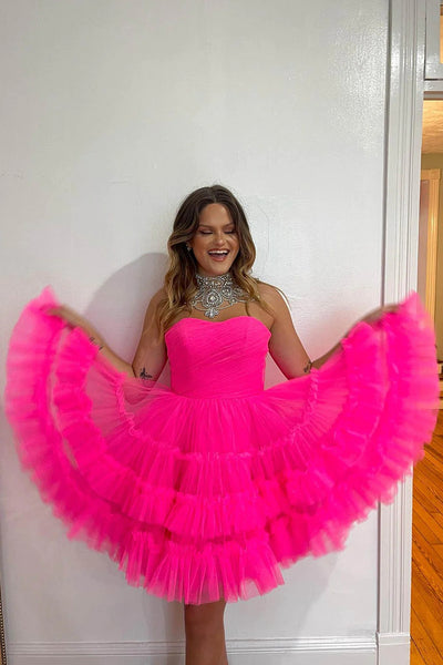 Fuchsia A-Line Sweetheart Tulle Tiered Corset Short Homecoming Dress MD0903012