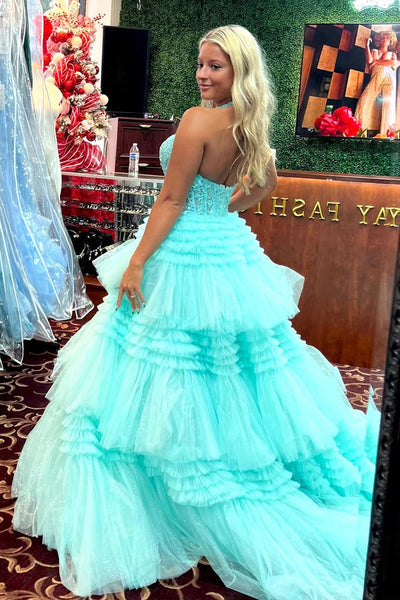 Ball Gown Halter Tiered Tulle Long Prom Dress MD4020705