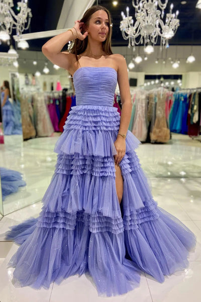 Glitter Beige Strapless Tulle Long Tiered Prom Dress with Slit DM3082807