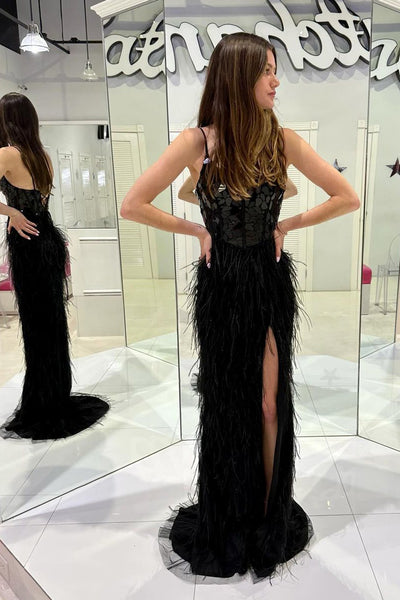 Black V Neck Mirror-Cut Feathered Long Prom Dress with Slit MD120502