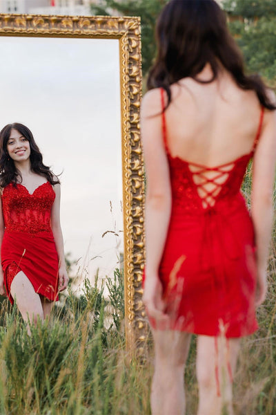 Red Sequin Lace Bustier Short Homecoming Dress with Slit MD090402