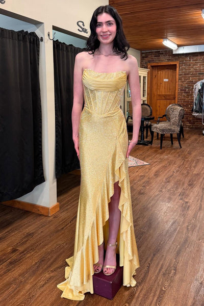 Sparkle Sweetheart Mermaid Beaded Long Prom Dresses Party Gowns with Side Ruffle Spit DM25101601