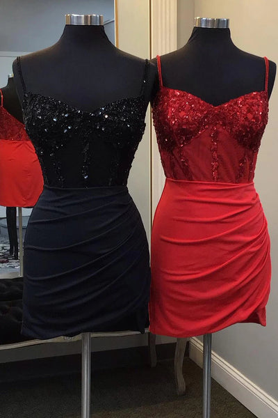 Glitter Black Corset Satin Asymmetrical Tight Short Homecoming Dress with Sequins MD091402