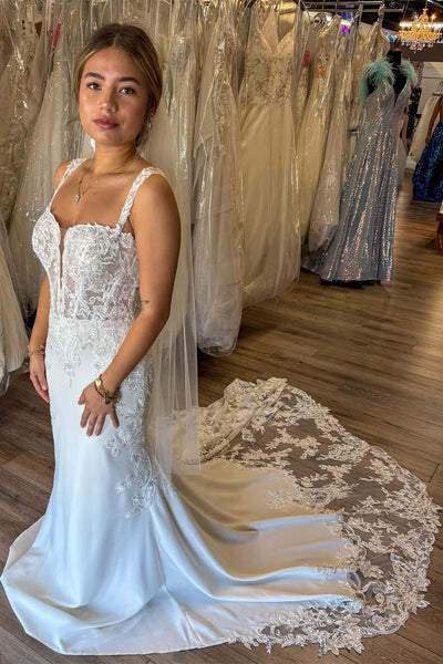 Romantic Mermaid Sweetheart Elastic Satin Long Wedding Dresses with Appliques DM24101907