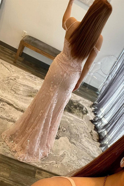 Pink Floral Lace Cold-Shoulder Mermaid Long Prom Dress with Slit MD092407