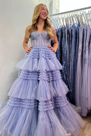 A-Line Strapless Lilac Ruffle Tiered Tulle Long Prom Dress with Appliques MD4051502