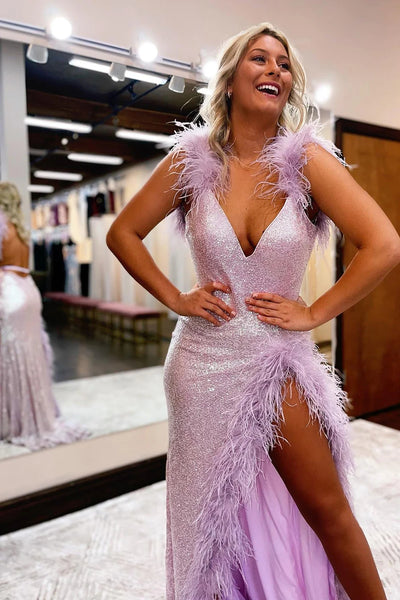 Sheath Deep V Neck Light Pink Sequins Long Prom Dress with Feathers MD092303