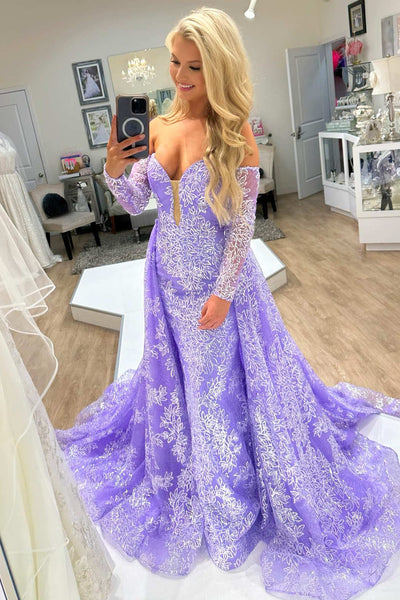 Lilac Strapless Tulle Prom Dress with Detachable Sleeves MD110304