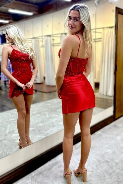 Navy Blue V Neck Short Homecoming Dresses with Appliques DM24071310