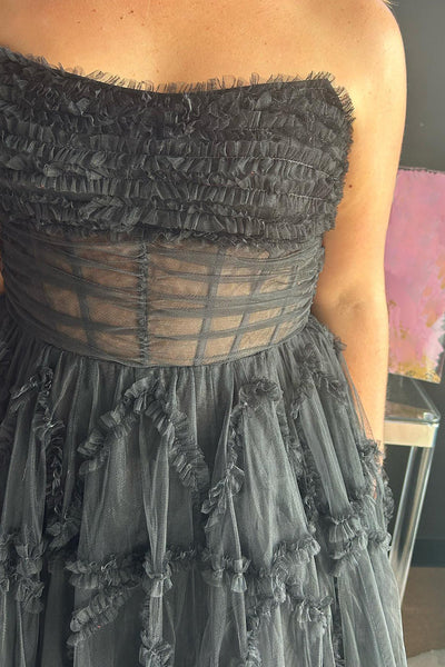 Black Corset A-Line Strapless Long Prom Dress with Ruffles DM3082707