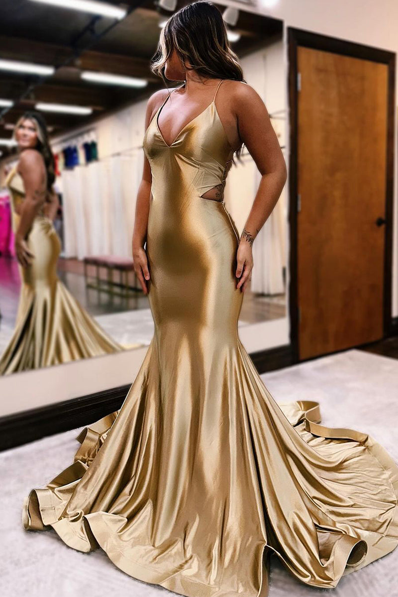 Gold V Neck Mermaid Long Prom Dress with Cutout MD120605 Dressmeet Gold V Neck Mermaid Long Prom Dress with Cutout MD120605 Dressmeet