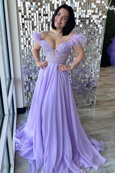 Black Applique Feather Off-the-Shoulder A-Line Long Prom Dress MD092404
