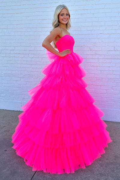 Hot Pink A-Line Strapless Tiered Tulle Long Prom Dress DM3082832