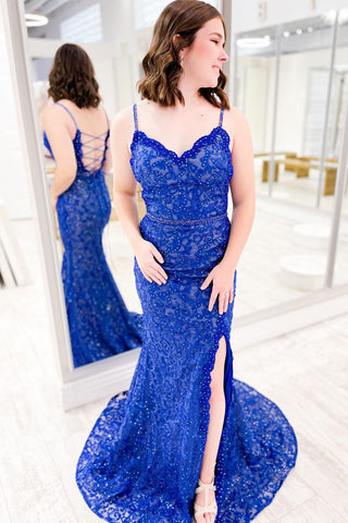 Royal Blue V Neck Lace Mermaid Long Prom Dress with Slit  MD4051101