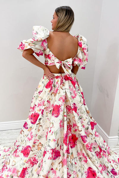 Pretty Two Piece Floral Printed Satin Long Prom Dress with Slit MD4051401