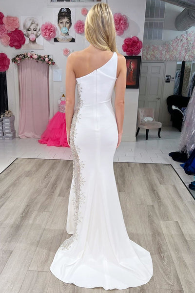 One-Shoulder White Beaded Sheer Mesh Mermaid Long Formal Dress MD112003