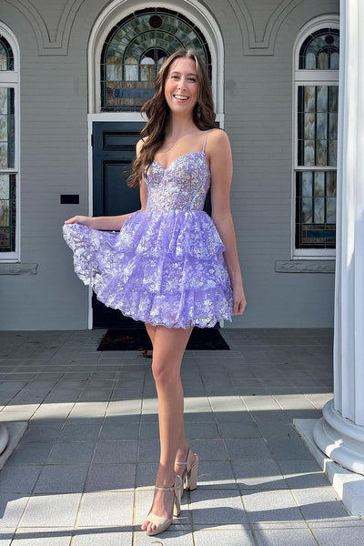 A-Line Spaghetti Straps Lilac Sequins Short Homecoming Dress MD4051901