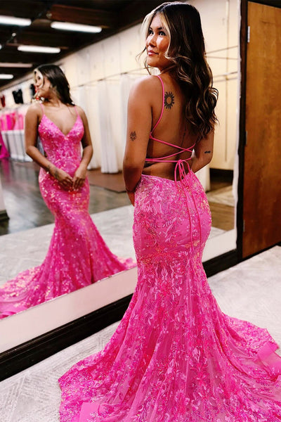 Hot Pink Sequin Lace V-Neck Trumpet Long Prom Dress MD111805