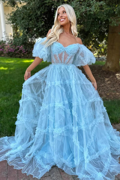 Light Blue A Line Off the Shoulder Tulle Corset Prom Dress with Bowknot DM3082718