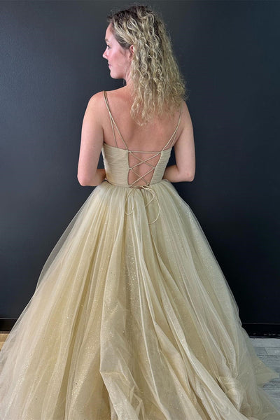 Champagne V Neck Sparkly Tulle Lace-Up Long Prom Gown MD102902