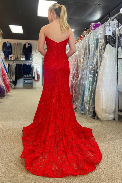 Red Strapless Lace Mermaid Long Prom Dresses with Slit MD4011901