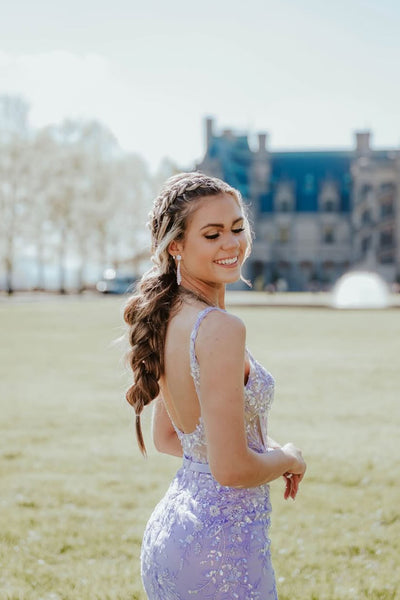Cute Mermaid Square Neck Lavender Lace Prom Dresses with Appliques DM25052704