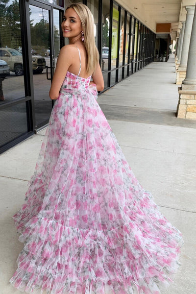 Pink Floral Print A-Line Halter Keyhole Long Prom Dresses MD121610