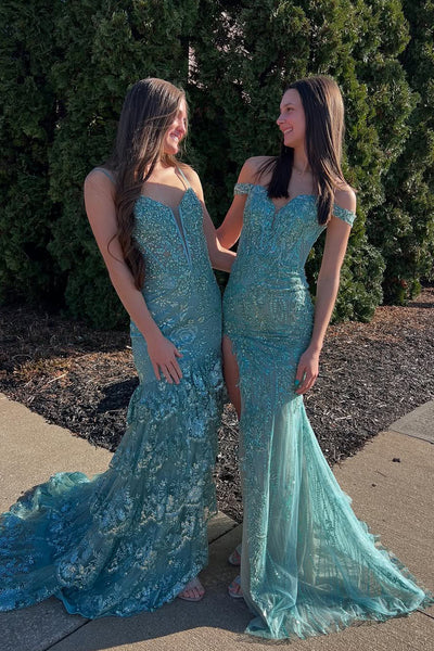 Mermaid Off the Shoulder Sequin Lace Long Prom Dresses with Slit DM25031905