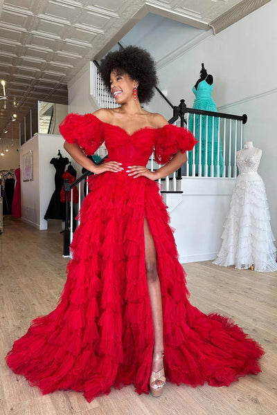Red Off the Shoulder Tiered Ruffled Long Prom Dress with Slit DM3082701