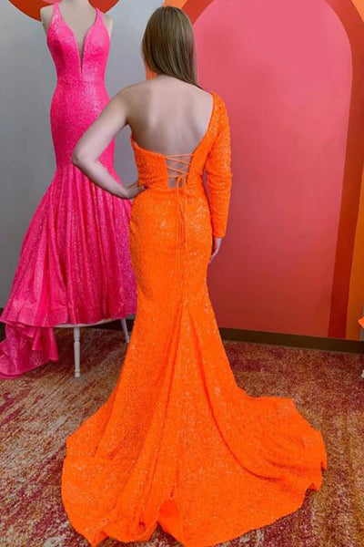 One Shouder Long Sleeves Sequins Mermaid Prom Dress with Slit MD092907