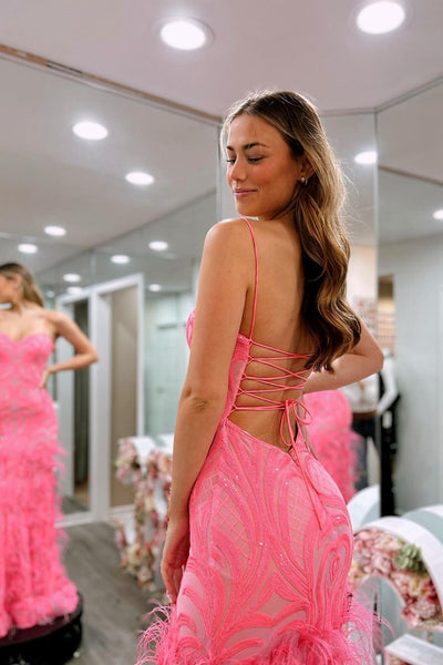 Pink Sweetheart Sequins Lace Long Prom Dresses with Feather MD4020204