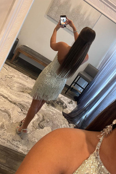 White Sequins Halter Sleeveless Homecoming Dress with Tassels LD3062102
