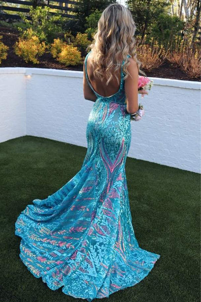 Blue Straps V-Neck Sequins Sleeveless Mermaid Long Prom Dress DM25102803