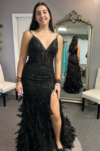 Blue Sequin Appliques V-Neck Mermaid Long Prom Gown with Feathers MD110102