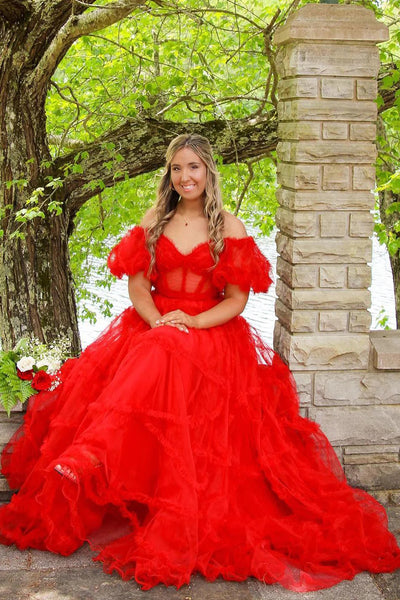 A Line Off the Shoulder Fuchsia Tulle Corset Prom Dress with Bowknot DM3082802