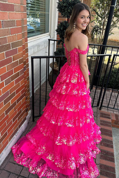 Hot Pink Sequin Lace Off the Shoulder Tiered Long Prom Dresses MD112107