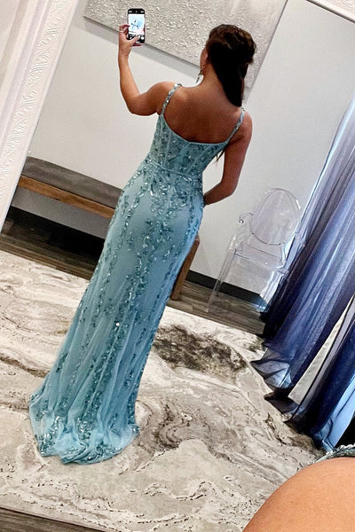 Aqua Blue Applique Queen Anne Long Formal Dress with Slit MD092401