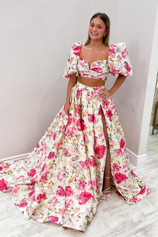 Pretty Two Piece Floral Printed Satin Long Prom Dress with Slit MD4051401