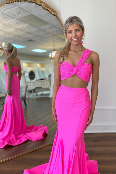 Fuchsia One Shoulder Two Piece Long Prom Dress MD4030603