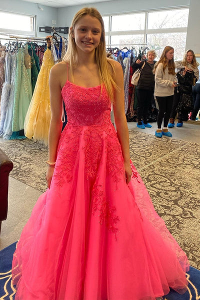 A-Line Hot Pink Applique Lace-Up Long Formal Dress MD092408