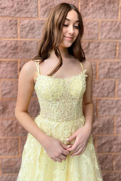 A-Line Tulle Spaghetti Straps Light Yellow Long Prom Dress with Appliques MD092311