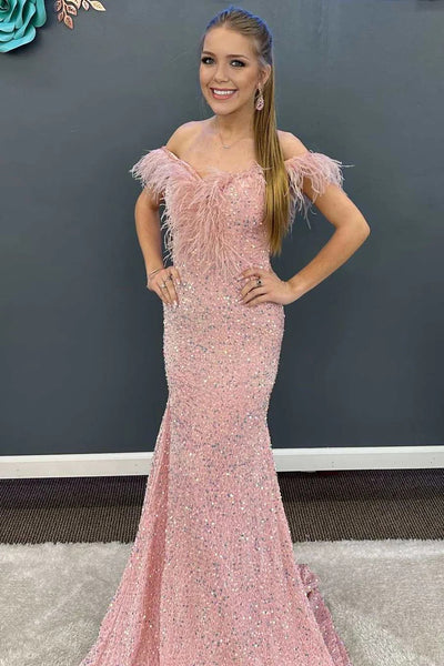 Pink Sequin Feather Off-the-Shoulder Mermaid Long Prom Gown MD092605